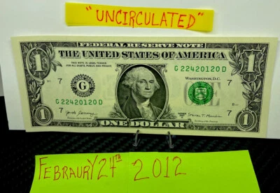 One Dollar Birthday Note February 24 2012. Uncirculated Fancy  Serial Number $1 - Image 1 of 4