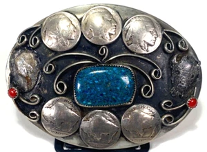 Hebilla de cinturón nativo americano de colección indio búfalo níquel-turquesa, coral - Imagen 1 de 4