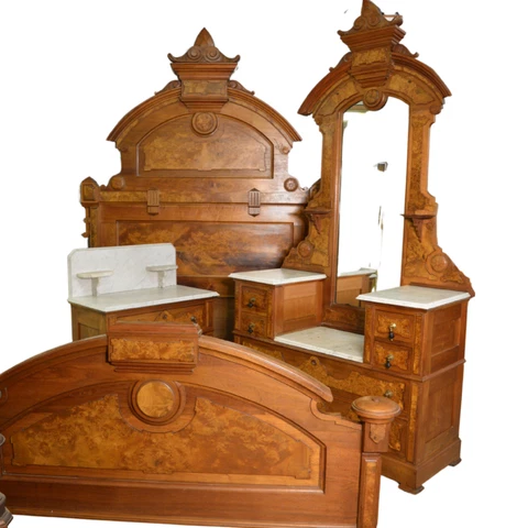 Antique Bed Set, Victorian 3 Piece Burl Walnut Bedroom Suite #21489 Cover