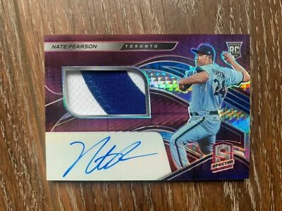 21 SPECTRA Rookie RC AUTO JERSEY WORN USED NEON PINK REFRACTOR NATE PEARSON #/49 - Image 1 of 4