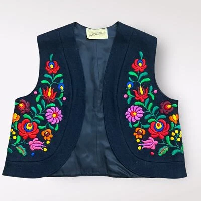 Vintage Shopping International Black Wool Felt Floral Hungarian Matyo Art Vest S - Image 1 of 4