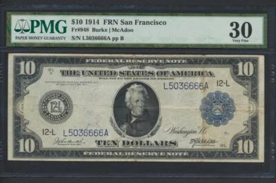 Fr.948 1914 $10 SAN FRANCISCO "BURKE-McADOO" FRN+ PMG VERY FINE 30 SUPER RARE - Image 1 of 2