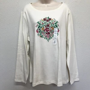 Croft & Barrow Classic Tee Damen XXL Urlaubsshirt creme Blumen Langarm - Bild 1 von 7