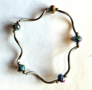 Wavy Silvertone Bracelet with Iridescent  Faceted Beads - Picture 1 of 4