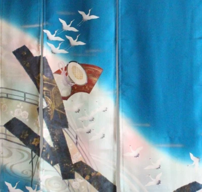 Kimono japonés Noren cortina seda azul grúas tapiz colgante de pared decoración del hogar Foto 1 de 4