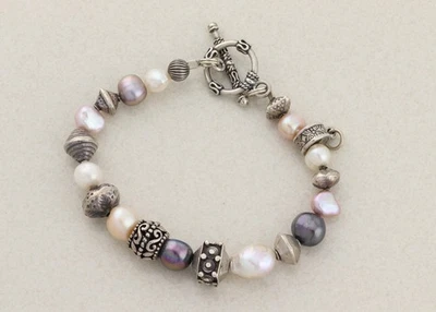 Pulseira Bali prata esterlina rosa, branca, cinza pérola adicionar berloque 7 1/2" polegadas - Imagem 1 de 4