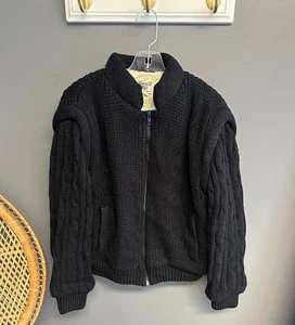 Vintage 70er Damen M/L Pullover Mantel Schwarz Strick Sherpa Gefüttert Reißverschluss Cropped Jkt - Bild 1 von 10