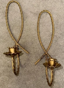 Vintage Pair Home Interior Gold Metal Twisted Rope Candle Holders Wall Sconces - Picture 1 of 6