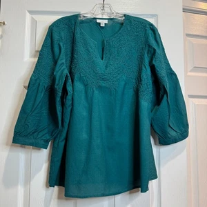 J Jill Donna Contadino Top Camicetta Verde Ricamato 3/4 Manica Boho Taglia L Petite - Foto 1 di 16