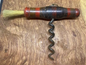 Antique wine opener Wine Corkscrew  with brush,wooden handle painted,RARE!#AC - Foto 1 di 9