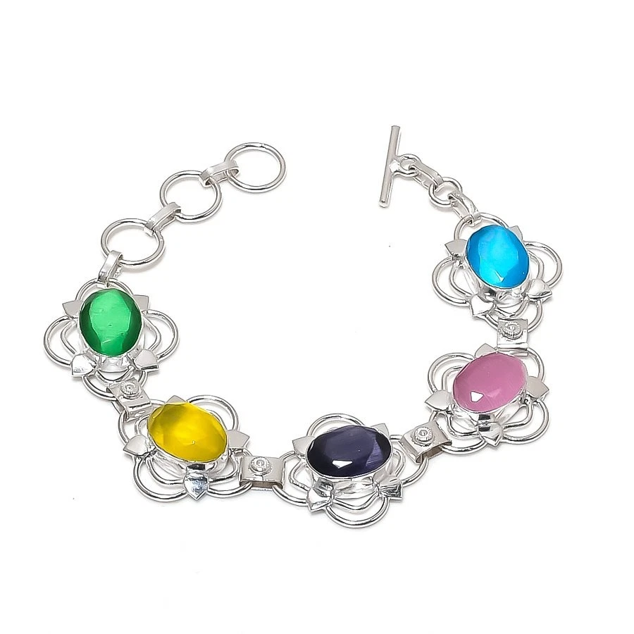 Multi Color Monalisa Gemstone 925 Sterling Silver Jewelry Bracelet Size 7-8" - Image 1 of 1
