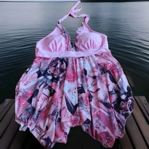  Halter Glitter Tankini Polyester Face Print Glitter  Piece Bathing Suit Top M ? - Picture 1 of 18