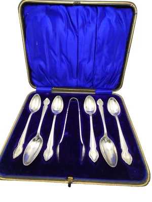 Conjunto antigo de 6 colheres e pinças de prata esterlina com estojo George V 1915 - Imagem 1 de 4