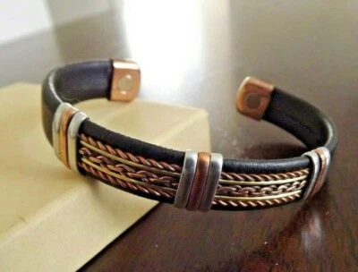 Solid Copper Leather Wrapped Magnetic Bracelet Men Women Energy Pain Jewelry - Image 1 of 2