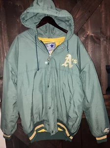 *Rare* Vintage 90s Oakland Athletics A's Hooded Parka Jacket by Starter Size L - Imagen 1 de 10