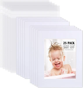 Pack of 25 White Pre-Cut Mat Board 11X14 Picture Mat for 8X10 Photo with White C - Picture 1 of 12