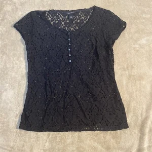 White House  Black Market Blouse Medium  Black Lace Short Sleeve Top - Picture 1 of 15