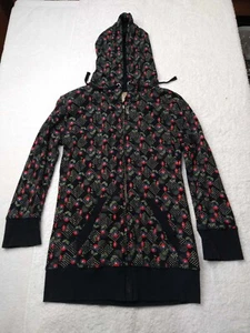 O'NEILL- WOMENS FULL ZIP COTTON HOODIE -BLACK WITH RED FLOWERS ALL OVER - SIZE L - Picture 1 of 11