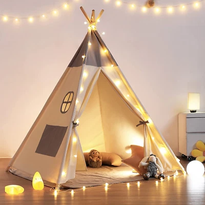 160CM Large Kids Play Tent Canvas Teepee Indian Wood Child In/Outdoor Play House - Image 1 of 4