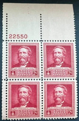Scott#: 875 - Dr. Crawford W. Long 2¢ 1940 Plate Block of Four MNHOG - Lot 3 - Image 1 of 2