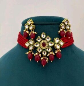 Gold Plated Bollywood Kundan Choker Necklace Set Bridal Indian Pearl Jewelry Set