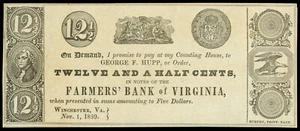 Winchester Farmers' Bank of Virginia George F. Hupp 12-1/2 Cents Nov. 1, 1839 - Picture 1 of 3