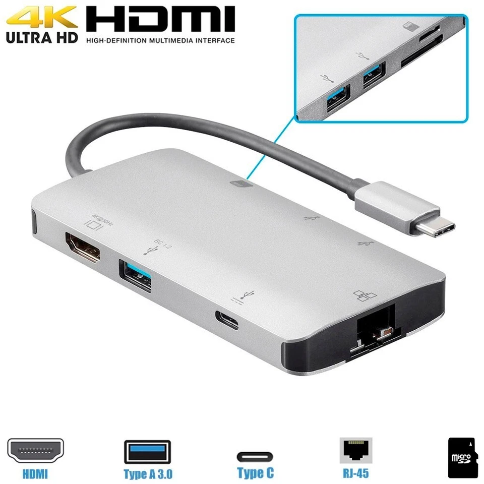 USB-C 3.1 4K HDMI Adapter Gigabit Ethernet 3x USB-A 3.0 & PD Type C MicroSD SD - Image 1 of 4