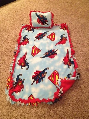 Hand-Tied Fleece Blanket/Throw/Pillow Superman NEW Nap Set - Image 1 of 2