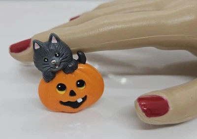 Broche prendedor vintage de plástico naranja calabaza gato 1,5" Foto 1 de 4