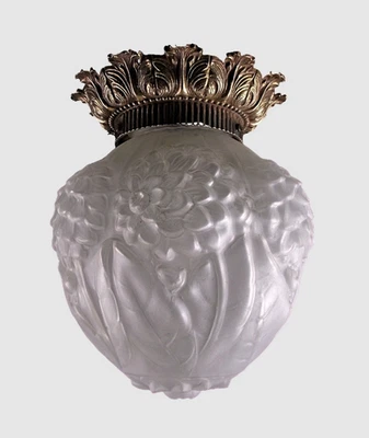 Art Deco ceiling light frosted white glass globe bronze fixture France 1930s - Image 1 of 4