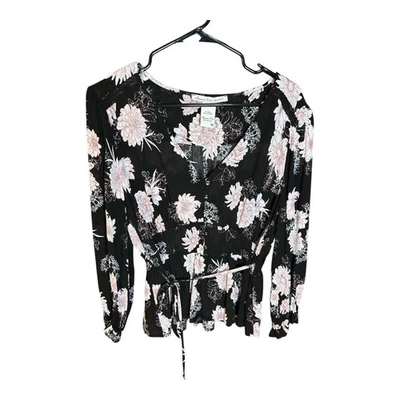 Top túnica American Rag Cie para mujer negro floral cintura elástica campesina lazo cintura M Foto 1 de 4