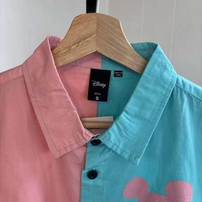 Camisa NEFF Disney Para Hombres Pequeña Mickey Mouse Rosa Aqua Bloque de Color Abotonada Nueva Con Etiquetas Foto 1 de 4