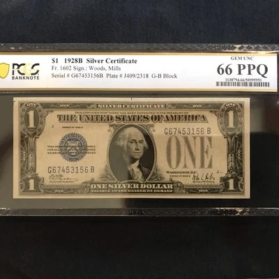 RARE!  1928 B Scarce $1 Silver Funnyback Gem Fr. 1602 PMG 66 PPQ! GB block! - Image 1 of 2