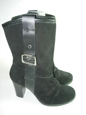 女式全新黑色麂皮绒皮革 NINE & CO CALF 高筒靴 高跟鞋 尺码 5 M — 第 1/4 张图片