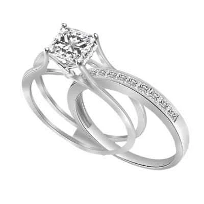 Juego de anillos de compromiso de boda corte princesa diamante simulado plata de ley Foto 1 de 2