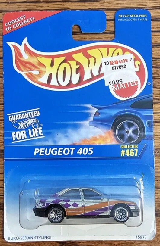 Tarjeta de coleccionista Hot Wheels 1995 azul/blanco #467 Peugeot 405 plateada con ruedas de encaje Foto 1 de 1