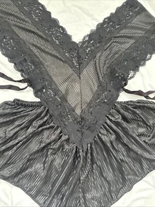 Vtg Teddy Bodysuit Black Bright Stripes Lace M Plunge Ruffle Skirt Romper - Picture 1 of 6