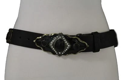 Mujeres Moda Cinturón Cintura Cadera Negro Imitación Cuero Antiguo Dorado Metal Hebilla S M L Foto 1 de 4