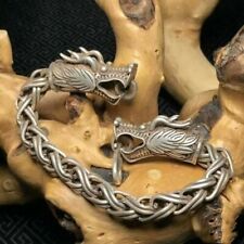 China Old Tibet Silver Carve Pair dragon head Bracelet