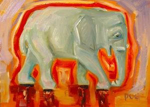 WALKING ON EGGSHELLS Original Oil Painting 4x7" whimsy Elephant Animal Art - Picture 1 of 4