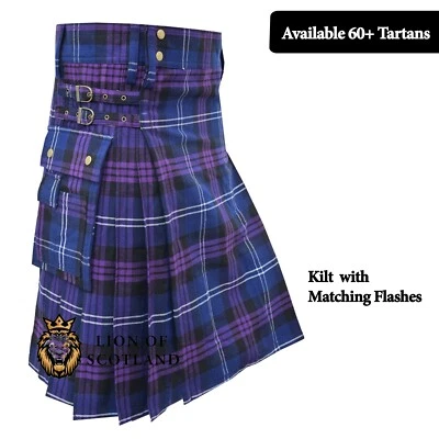 LION OF SCOTLAND Scottish Tartan Utility Kilt For Men 8 Yard 16oz Acrylic Wool Adjustable Straps