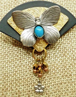 A43) Black & Etched Brass Fan Shaped Pin Brooch & Butterfly w/ Turquoise Stone - Image 1 of 4