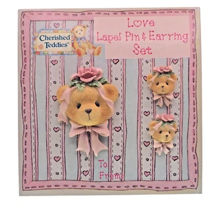 Enesco Cherished Teddies Love Lapel Pin & Earring Set 1995 Bear Rose Bow Pierced - Picture 1 of 10
