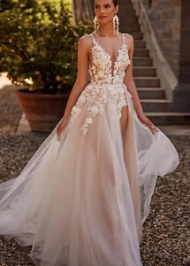 Rückenfrei Illusion Brautkleid Hochzeitskleid Träger Blätt Spitze 32-60 Schlitz - Bild 1 von 7
