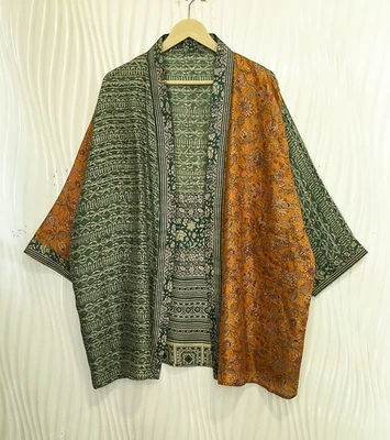 Jaqueta cardigã curta de seda pura quimono espanador capa roupão solto verde KMS3728 - Imagem 1 de 4