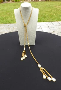 VINTAGE MIRIAM HASKELL LARIAT NECKLACE w FAUX LARGE BAROQUE GLASS PEARL TASSELS - Picture 1 of 15