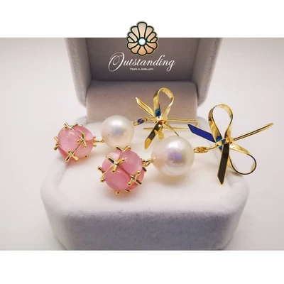Real 10mm Natural Seawater Pearl Bow Earrings 9ct Gold Filled Pink Crystal Balls - Image 1 of 4