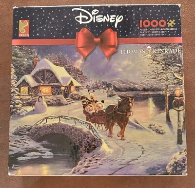 Ceaco Thomas Kinkade Disney Puzzle Mickey Minnie Sleigh Ride Christmas 1000pc - Image 1 of 2