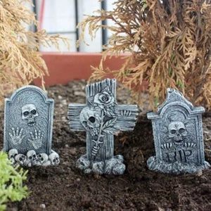 3pcs Resin Crafts Halloween Tombstones Figurine Outdoor Yard Decoration - Picture 1 of 10