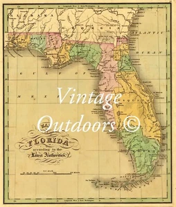 Antique 1827 Map Of old Territorial Florida Reproduction 8.5 X 11 Color - Picture 1 of 3